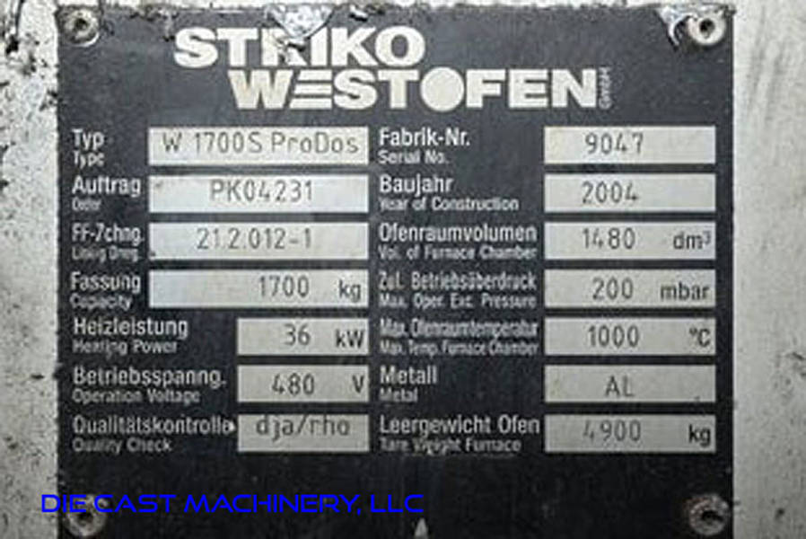 Picture of Striko Westofen W 1700 S ProDos Low Energy Electric Heated Aluminum Holding and Dosing Furnace For_Sale DCMP-3189