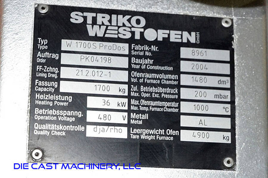 Picture of Striko Westofen W 1700 SL ProDos Low Energy Electric Heated Aluminum Holding and Dosing Furnace For_Sale DCMP-3227