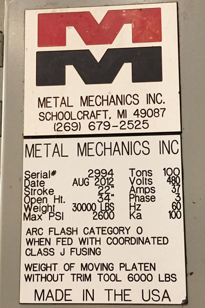 Picture of Metal Mechanics Model MM-100-TP Vertical Die Cast Trimming Press For_Sale DCM-4157